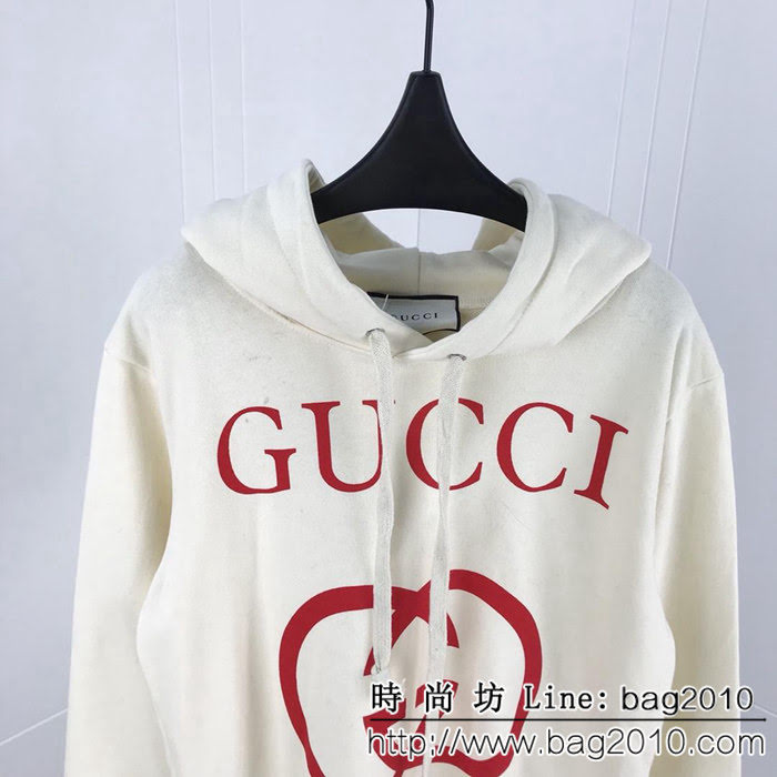 Gucci古奇 18ss 當下最火的雙圓環 螺紋棉連帽衛衣 新增紅色圓環 連帽抽繩做舊 米色 男女同款 ydi2358